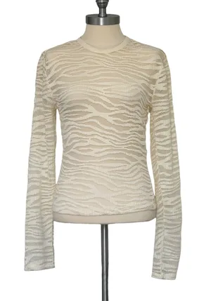 Just Polly NWT Sz M Cream Sheer Lace Top Textured Zebra Print Long Sleeve Crewneck thumbnail 1