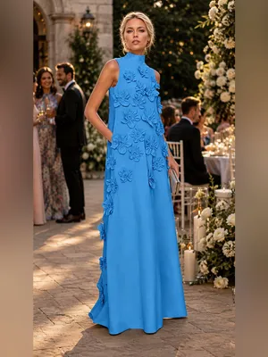 A Line High Neck Sleeveless Floor Length Stretch Crepe Dress With 3D Flowers thumbnail 5