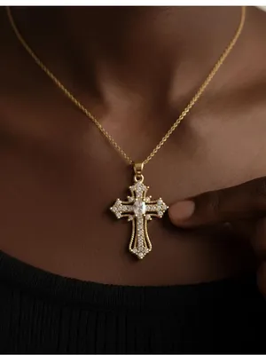 Gold Tone Cubic Zirconia Cross Charm Pendant Cable Chain Necklace 16" + 2" thumbnail 1
