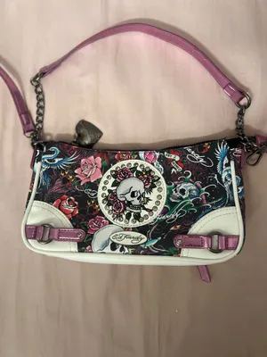 Ed Hardy Black Shoulder Bag with Pink Accents and Skull Rose Motif thumbnail 6