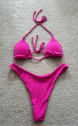 Hot Pink Ribbed Triangle Bikini Set thumbnail 1