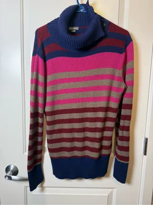 Eddie Bauer Striped Cowl Neck Sweater in Navy, Pink & Tan thumbnail 2