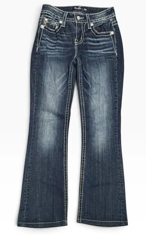 Miss Me Mid-Rise Bootcut Jeans Dark Wash Embellished Cross Wings Y2K BKE 25x28 thumbnail 1