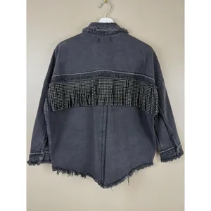 Denim Jacket Black Fringed Western Women’s Size S Embellished Festival Coachella thumbnail 7