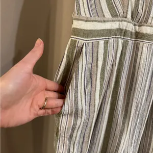 Altar'd State Olive and Cream Striped Jumpsuit with pockets thumbnail 2