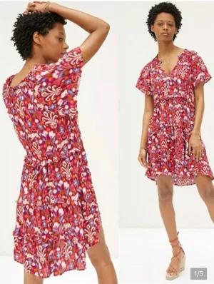 Anthropologie Red Pink Robin Floral Ruffle‎ Tiered V-Neck Mini Dress Size XS thumbnail 2