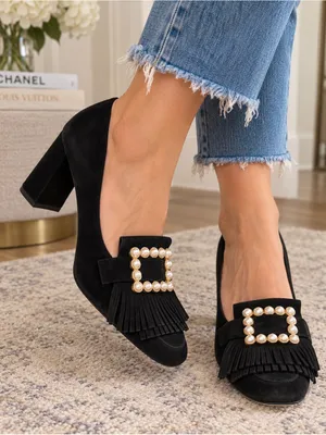 Louise et Cie Idali Black Suede Pearl Buckle Fringe Kiltie Pumps Size 9.5 thumbnail 1