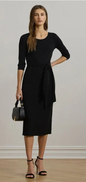 NWT Lauren Ralph Lauren Tie Front Cotton Blend Crewneck Dress Black thumbnail 1