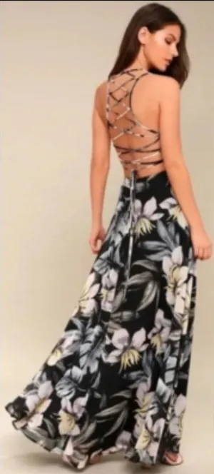 Lulus‎ love abloom Black Floral Print Maxi Dress Spaghetti Strap Lace Up Back M thumbnail 1