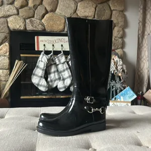 Coach Lori Black Rubber Tall Rain Boots W/ Silver Hardware Size 8 thumbnail 3