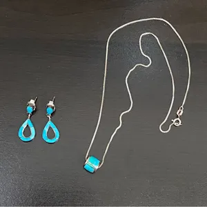 Sterling Silver Turquoise Inlay 16” Necklace and Earrings Set thumbnail 6