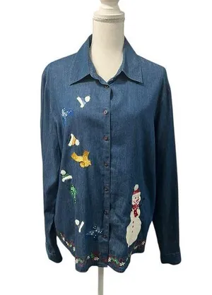 Karen Scott Embroidered Appliqué Winter Holiday Light Denim Shirt Snowman XL thumbnail 1