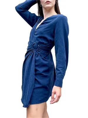 Mango Navy Linen Blend Long Sleeve Wrap Dress Large thumbnail 2