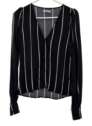 Reformation Womens‎ XS Striped Button Down V-Neck Blouse Black Cream Long Sleeve thumbnail 1