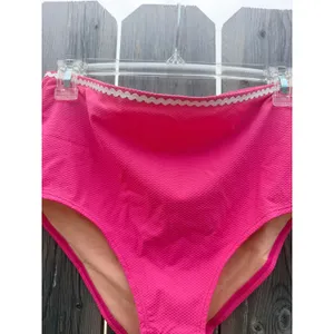 J.Crew NEW Pink Textured High Waisted Bikini Bottoms with Rickrack Trim Sz M thumbnail 3
