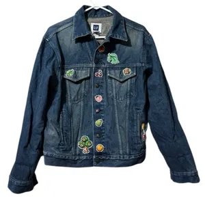 Gap Factory Store Women SZ Small Jean Denim‎ Jacket Animal Crossing Patches READ thumbnail 1