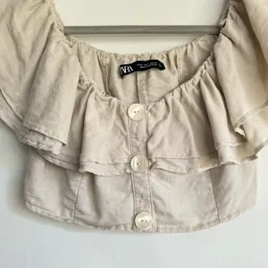Zara‎ Women Linen Blend Beige Cropped Ruffle Cottagecore Boho Peasant Top Size S thumbnail 2
