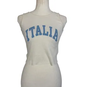Italia Ribbed Crop Tank Top Womens One Size Cream Blue Graphic Made in Italy Y2K thumbnail 4