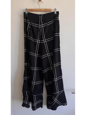 Anthropologie Sancia Black Windowpane Wide Leg Pants Size S Side Slit Cotton Resort thumbnail 3