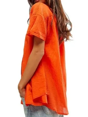 NWOT Free People Float Away Button Front Short Sleeve Shirt XS Orange thumbnail 3
