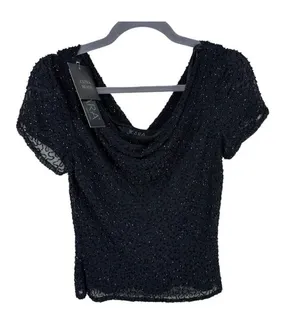 Jkara NWT Black‎ Beaded Drape Neck Cap Short Sleeve Lined Blouse Size S Black thumbnail 1