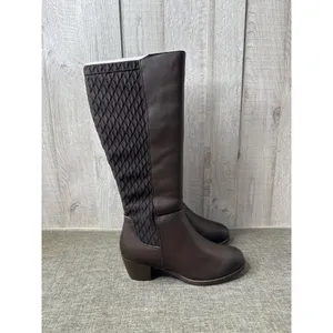 Propet Womens 9.5 Wide Brown Leather Boots Quilted Back Panel Chunky Heel thumbnail 2