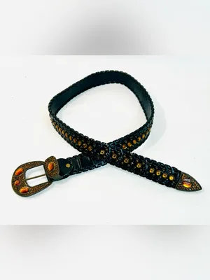 Western Rhinestone Whipstitch Belt with Orange Stones and Black Faux Leather thumbnail 2