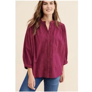 Anthropologie Pilcro Embroidered Swiss Dot Peasant Blouse Berry Magenta Small S thumbnail 2
