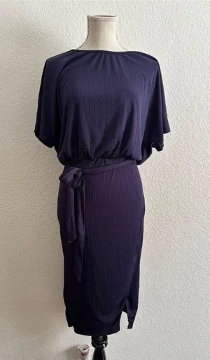 Shein Plisse Ribbed Midi Dress Womens Size Large Purple Belted‎ Dolman Boat Neck thumbnail 1