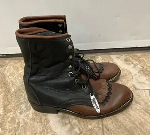 Laredo Women's Black Brown Leather Lace-Up Kiltie Fringe Roper Boots Size 7 thumbnail 1