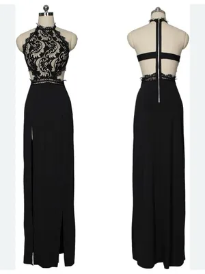 Sheer Black Lace Halter Neck Open Back High Slit Maxi Evening Gown Size Small thumbnail 2