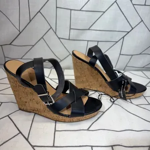 Express Wedge Sandals 10 Black Cork Platform‎ Strappy Buckle Heels nwt thumbnail 2