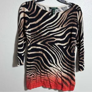 Lauren Ralph Lauren Women Zebra Striped 3/4 Sleeve‎ Top Sweater size Small. thumbnail 3