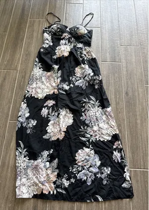 Band of Gypsies Black Floral Maxi Dress Square‎ Neck Sleeveless L thumbnail 1