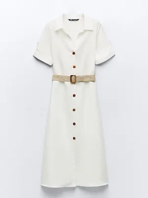 ZARA Cream Button-Front Midi Shirt Dress with Woven Belt thumbnail 4
