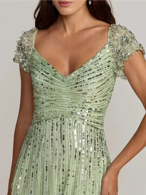 Mac Duggal 23042 Green Sequined Evening Gown With Embellished Shoulders sz 10 thumbnail 2