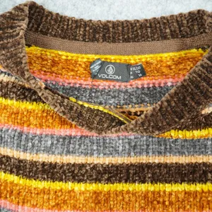 Volcom Women's XL Chenille Striped Cropped Crew Neck Sweater Brown Orange Yellow thumbnail 4