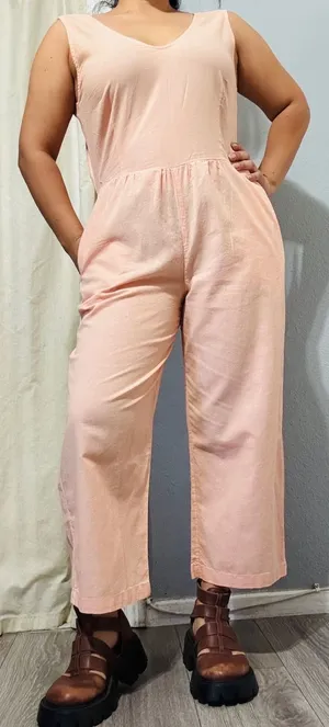 Cottagecore Peach‎ Sleeveless Wide Leg Jumpsuit XS Open Back Tie Pocketed Romper thumbnail 1