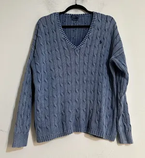 Polo Ralph Lauren Blue Cable Knit Pima Cotton V-Neck Sweater Fisherman Preppy thumbnail 1