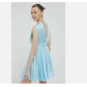 NWT Abercrombie & Fitch Plunge Pleated Satin Mini Dress Sky Blue LT thumbnail 3