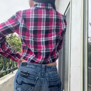 Papaya Pink Plaid Tie-Front Flannel Crop Shirt | Soft Grunge Y2K Vibes | Size S thumbnail 3
