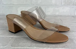 SCHUTZ Heels Victorie Womens 7.5 Nude Transparent 2‎ Strap Block Heel Sandals B thumbnail 1