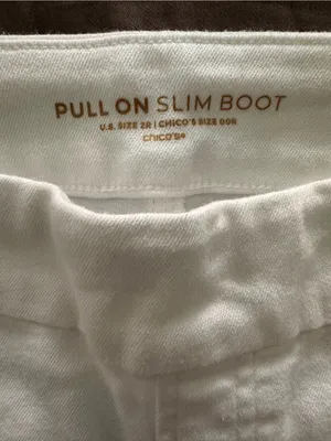 Chico's Pull On White Slim Boot Jeans with Raw Frayed Hem thumbnail 3