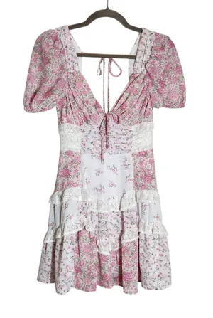 Altar'd State Pink and White Floral Boho Patchwork Mini Dress Size XS Flaw thumbnail 1
