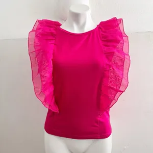 NEW Celebrity Hot Pink Ruffle Flutter Sleeve Top Fuchsia Organza LARGE thumbnail 2
