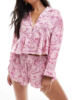 Free People Women PJ Set M Pink Beauty Sleep‎ Blushing Combo Bow Floral Peplum thumbnail 1