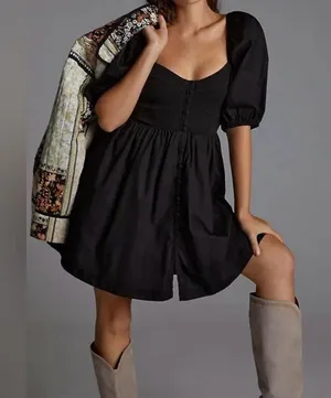 Anthropologie Maeve Puff-Sleeved Cotton Sweetheart Mini Dress Black Size Medium thumbnail 12