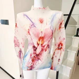 Watercolor Floral Print Pleated Long Sleeve Top Mock thumbnail 2