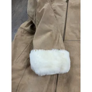 NEW YORK CLASSICS Tan Plush Lined Hood Genuine Suede Leather Coat Jacket Large thumbnail 2