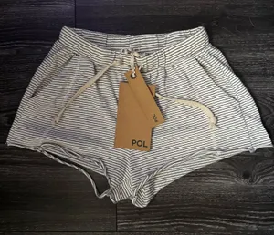 POL Women's Striped Drawstring Athletic Shorts in White & Navy thumbnail 1